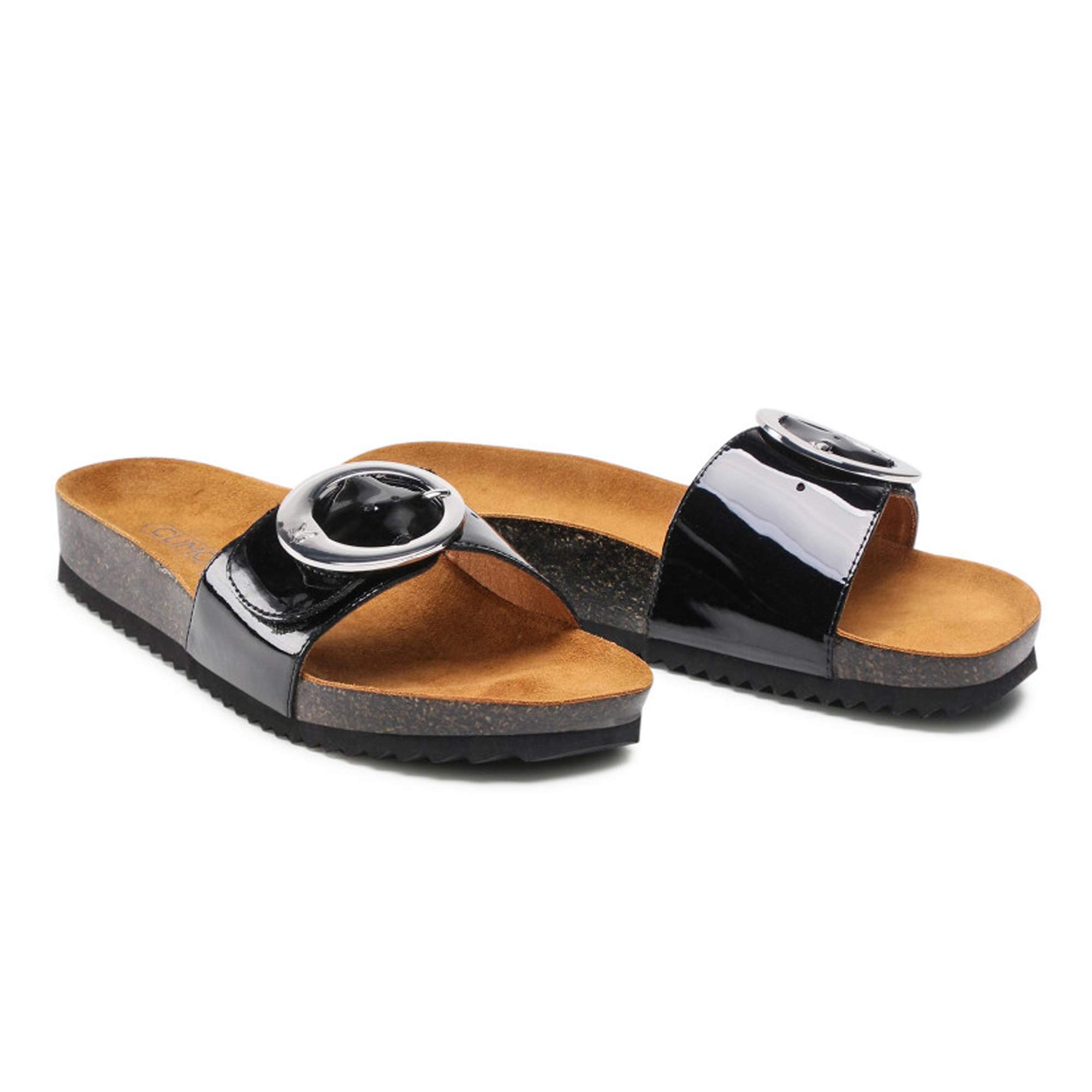 CAPRICE Patent Buckle Slider Sandals - Black - Chaussures Bari à  Saint-Léonard