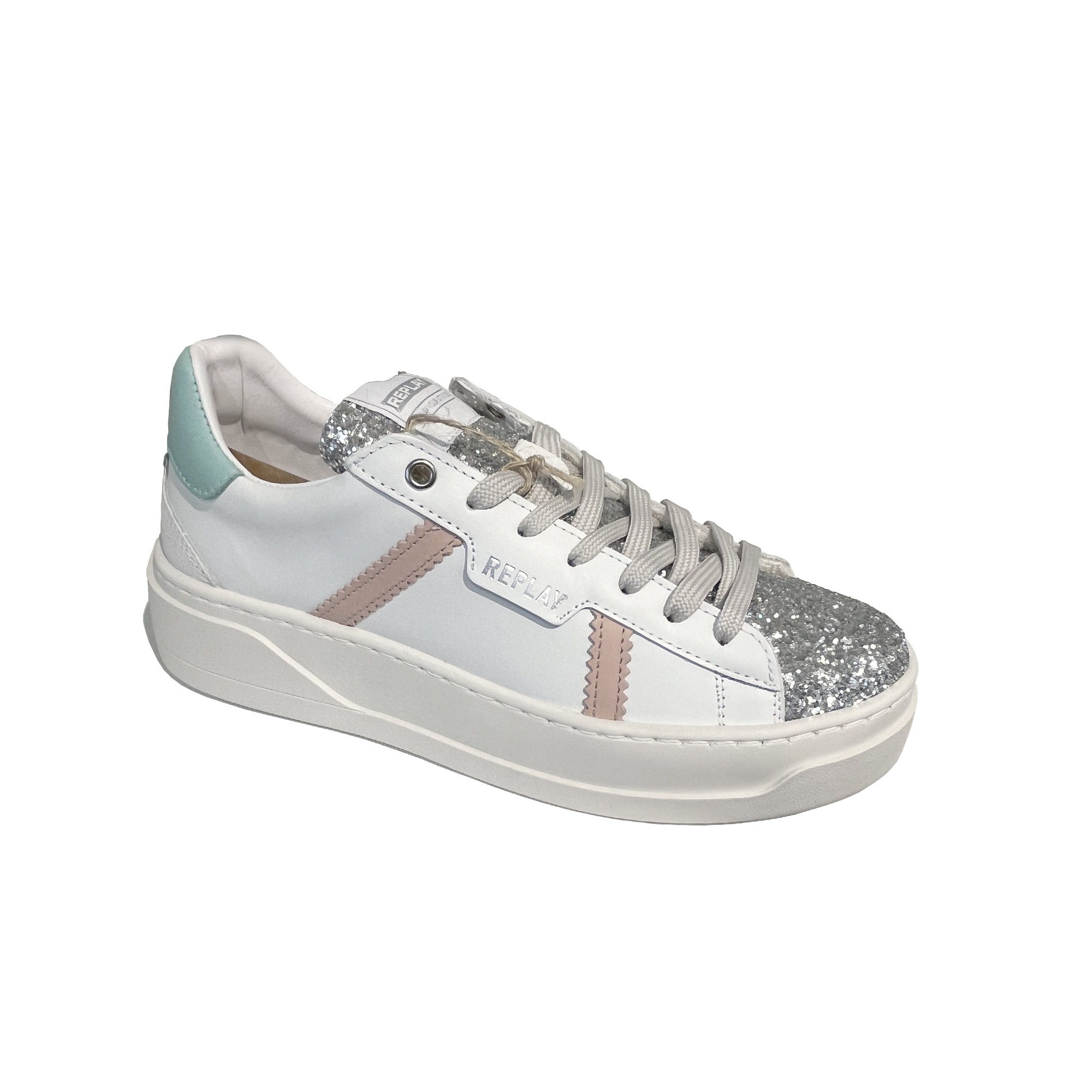 REPLAY Pride Vanity Lace Up Leather Sneakers for Women - Silver Off White