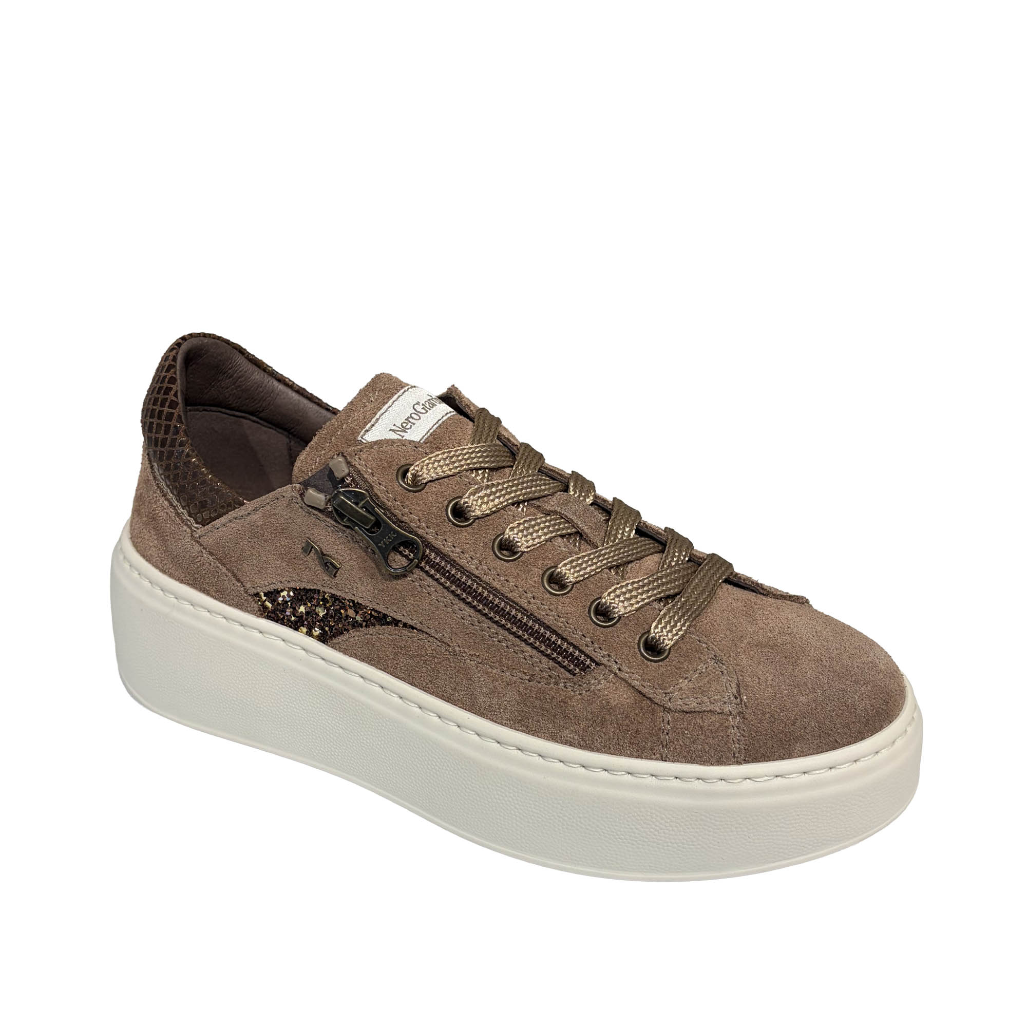 NG-I617501D-23 _1 NERO GIARDINI I617501D – Suede Sneakers with Side Zipper and Platform Sole for Women - Brown - Image 1